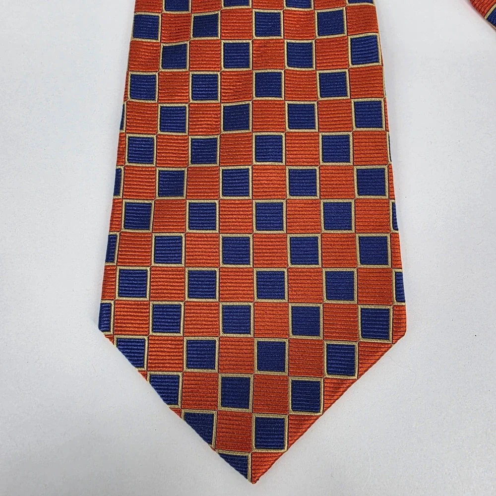 Paul Fredrick‎ Geometric Silk Necktie Mens Orange Blue Check Pattern